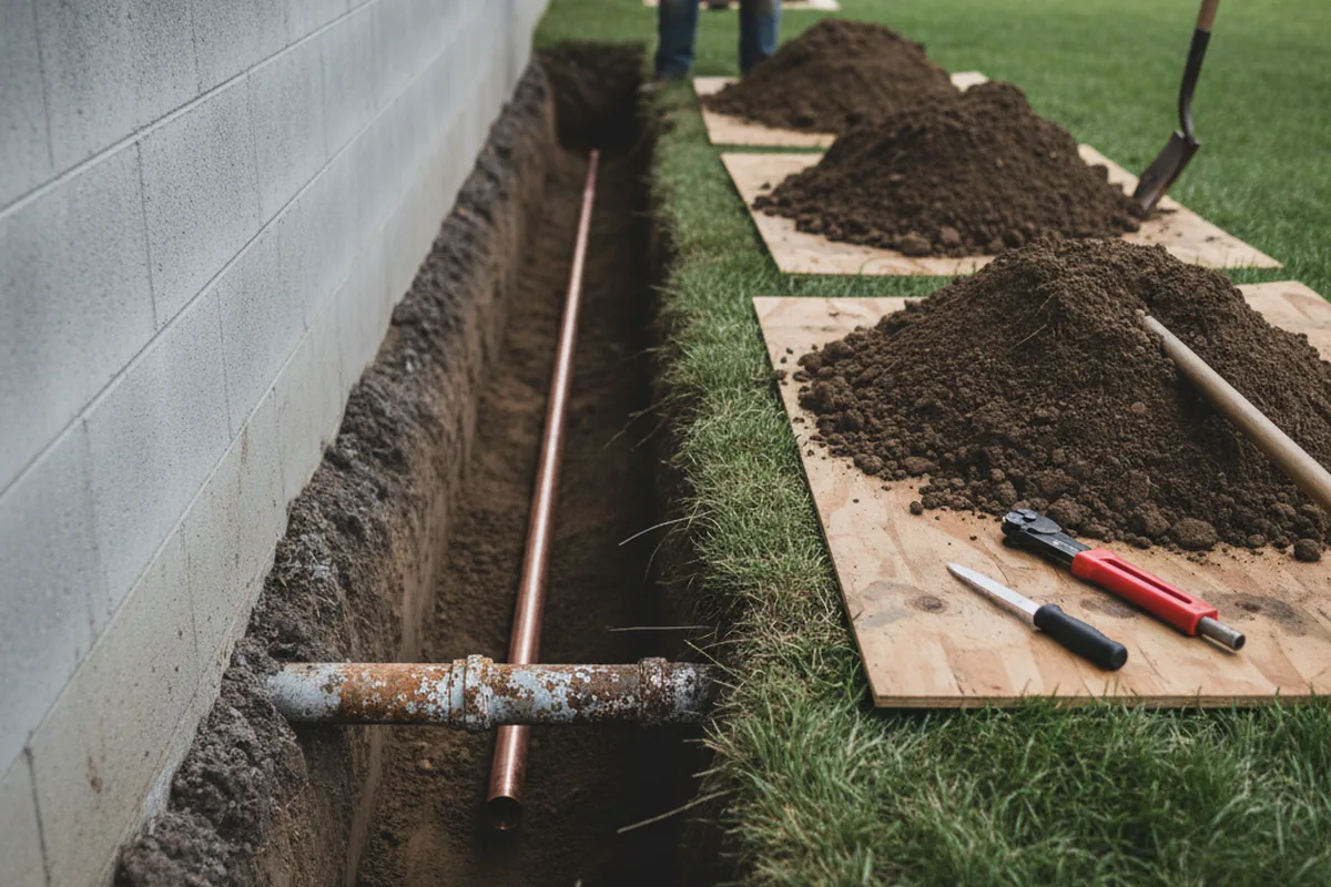 Excavated water line trench during Water Softener Installation in Silver City
